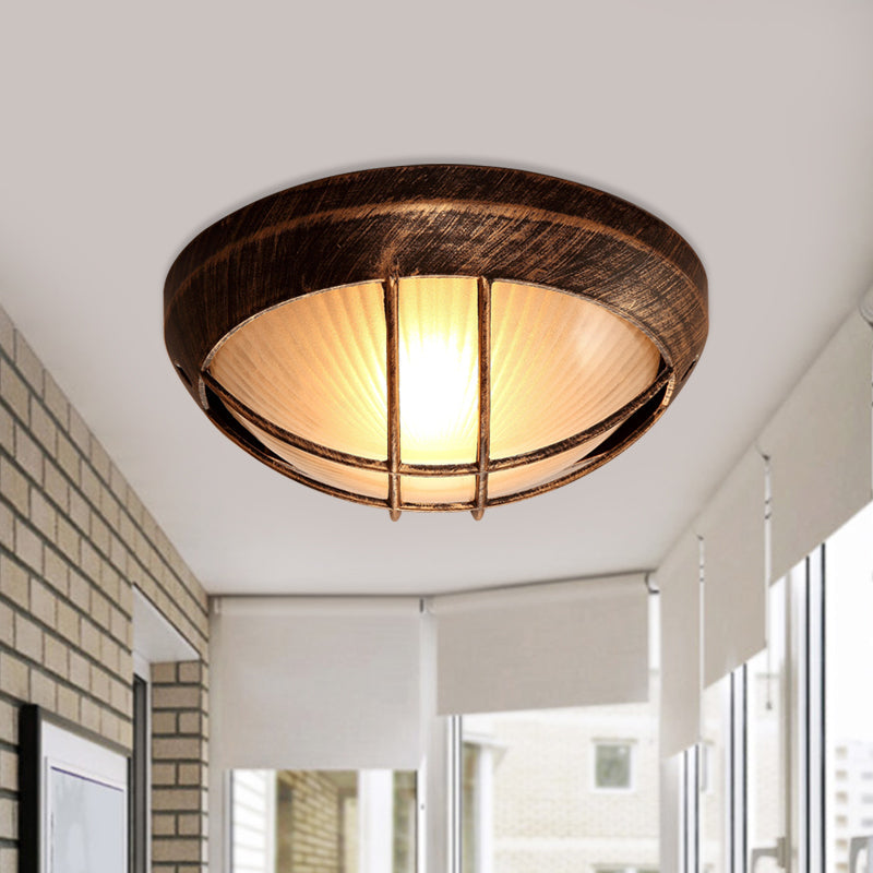 Frosted Ribbed Glass Flush Mount Ceiling Light In Rustic Bronze With Metal Cage - 1-Light Porch