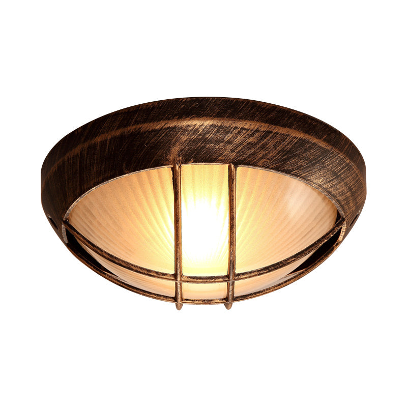 Frosted Ribbed Glass Flush Mount Ceiling Light In Rustic Bronze With Metal Cage - 1-Light Porch