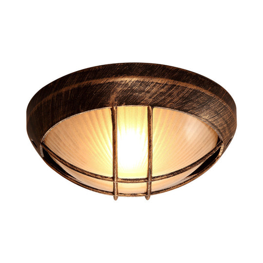 Frosted Ribbed Glass Flush Mount Ceiling Light In Rustic Bronze With Metal Cage - 1-Light Porch