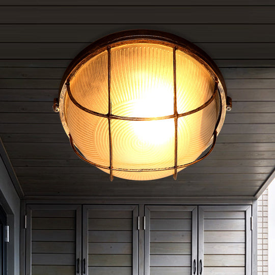 Frosted Ribbed Glass Flush Mount Ceiling Light In Rustic Bronze With Metal Cage - 1-Light Porch