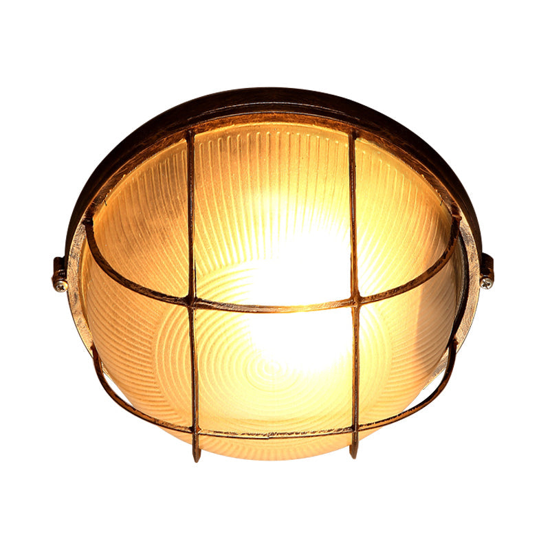 Frosted Ribbed Glass Flush Mount Ceiling Light In Rustic Bronze With Metal Cage - 1-Light Porch