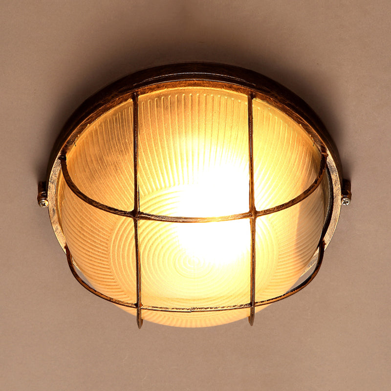 Frosted Ribbed Glass Flush Mount Ceiling Light In Rustic Bronze With Metal Cage - 1 - Light Porch
