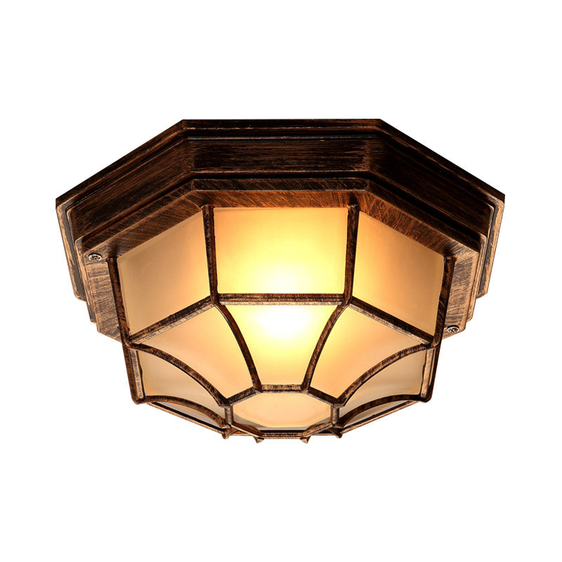 Bronze Lodge Flush Mount Ceiling Light With Frosted Glass & Cage - 1 Octagonal Fixture