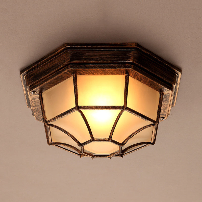 Bronze Lodge Flush Mount Ceiling Light With Frosted Glass & Cage - 1 Octagonal Fixture