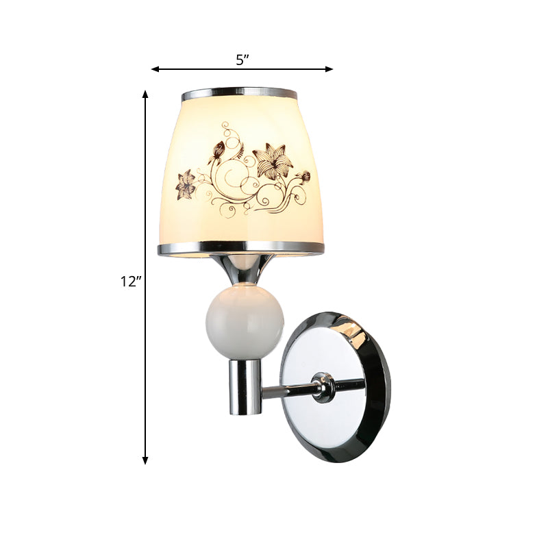 Chrome Wall Lamp - Single-Bulb Pastoral Tapered Sconce Light With White Patterned Glass