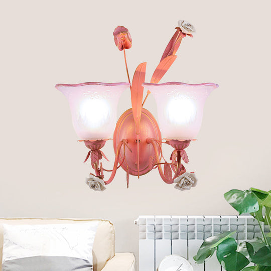 Stunning Pink Frosted Glass Bellflower Wall Sconce With Crystal Accent: Countryside 1/2-Light Lamp