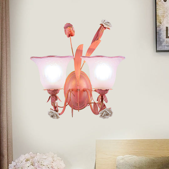 Stunning Pink Frosted Glass Bellflower Wall Sconce With Crystal Accent: Countryside 1/2-Light Lamp