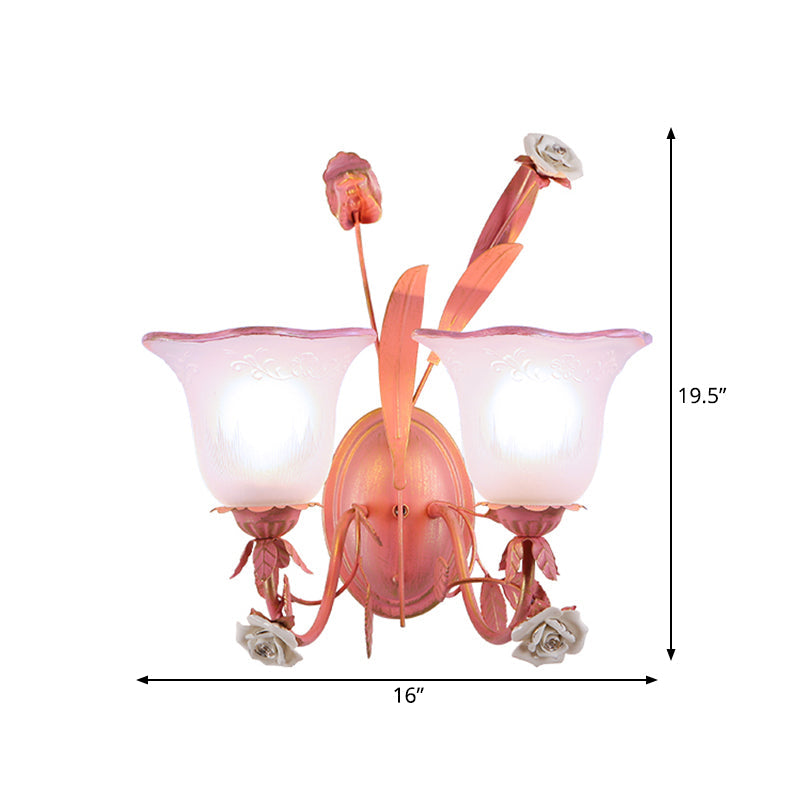 Stunning Pink Frosted Glass Bellflower Wall Sconce With Crystal Accent: Countryside 1/2-Light Lamp