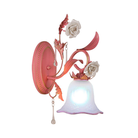 Stunning Pink Frosted Glass Bellflower Wall Sconce With Crystal Accent: Countryside 1/2-Light Lamp