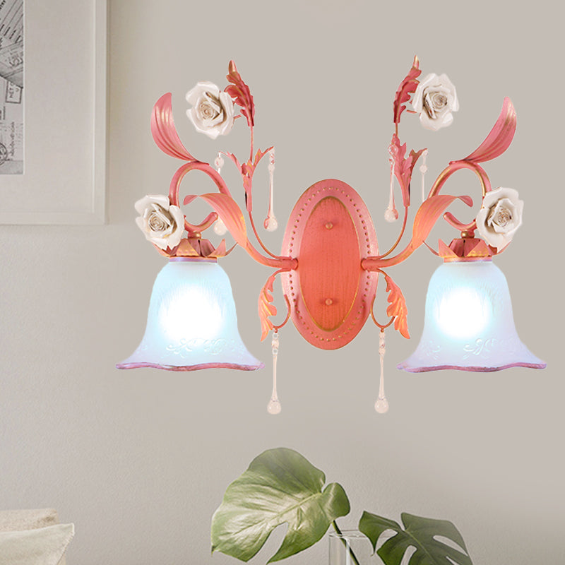 Stunning Pink Frosted Glass Bellflower Wall Sconce With Crystal Accent: Countryside 1/2-Light Lamp