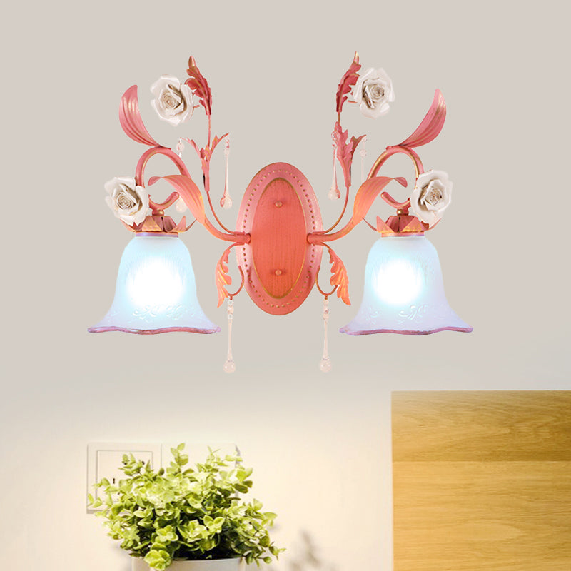 Stunning Pink Frosted Glass Bellflower Wall Sconce With Crystal Accent: Countryside 1/2-Light Lamp