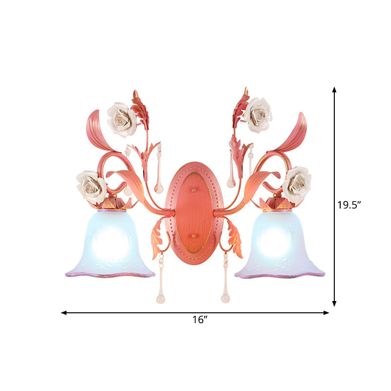 Stunning Pink Frosted Glass Bellflower Wall Sconce With Crystal Accent: Countryside 1/2-Light Lamp