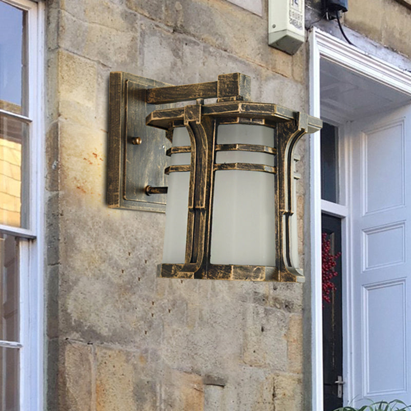 Bronze/Black Lantern Wall Light With Frosted Glass - Single Bulb Outdoor Fixture