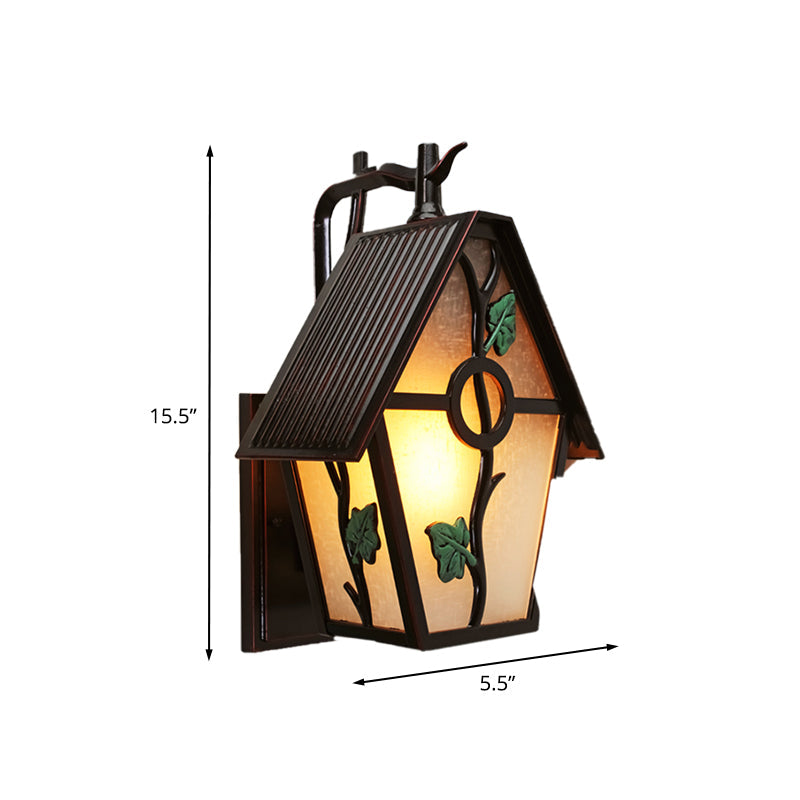Rustic 1-Light Outdoor Wall Sconce In Coffee With Leaf Design - White Glass