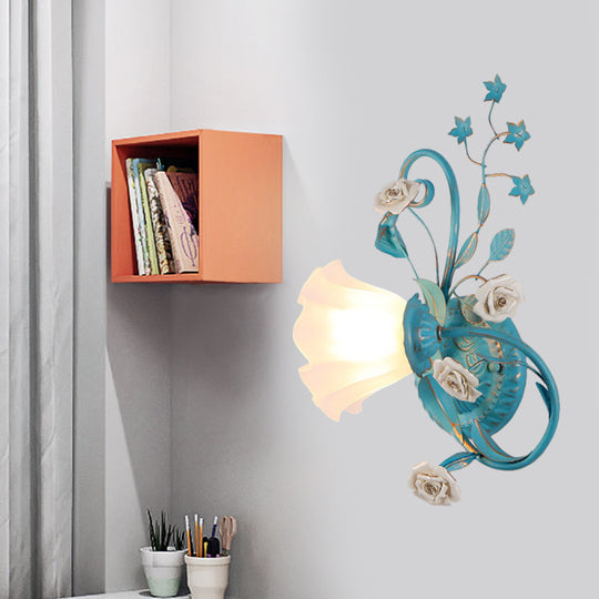 Opal Matte Glass Wall Lamp - Pastel Blue-Pink/Blue-White Scroll Flower Sconce Light (Left/Right)