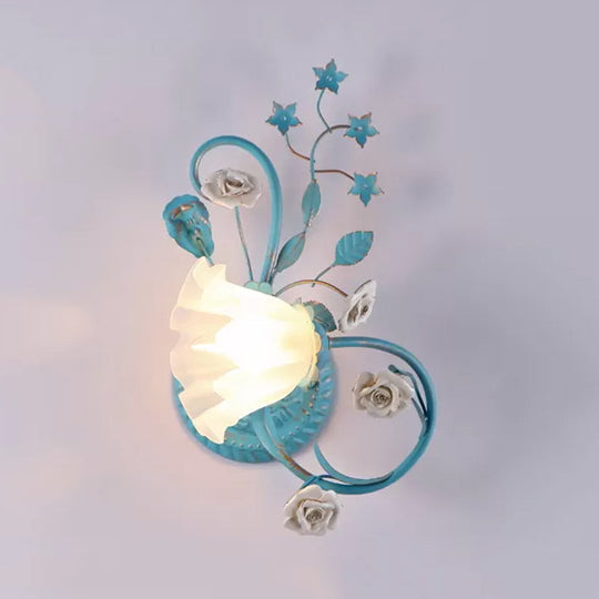 Opal Matte Glass Wall Lamp - Pastel Blue-Pink/Blue-White Scroll Flower Sconce Light (Left/Right)