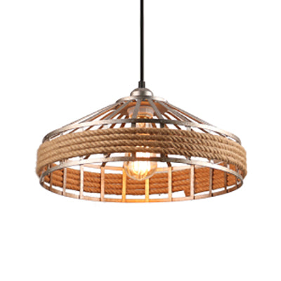 Vintage Rope And Metal Conic Cage Restaurant Suspension Light - Aged Silver/Black Silver / 14.5