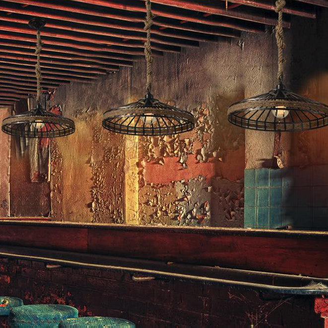 Vintage Rope And Metal Conic Cage Restaurant Suspension Light - Aged Silver/Black Black / 19.5