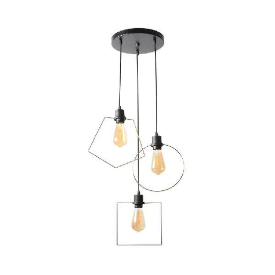 Industrial Metal Ceiling Pendant Fixture With 3 Suspended Lights - Gold Ring/Pentagon/Admix