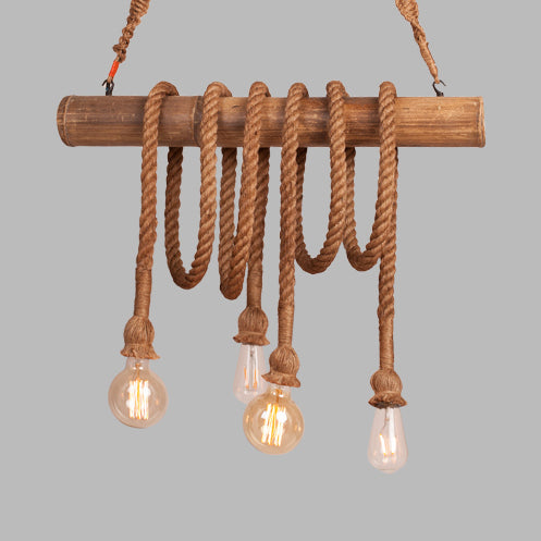 Adjustable Rope Island Light With Bulb In Beige - 3/4/6-Light Bamboo Pendant