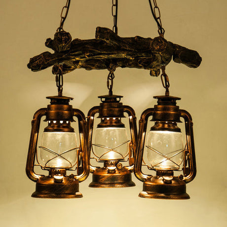 Coastal 3-Light Kerosene Clear Glass Chandelier In Bronze/Copper - Dining Room Pendant Lighting