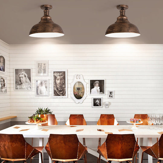 Antique Iron Semi-Flush Ceiling Light With 1 Head - Bowl Dining Table Rust Fixture 11.5’/16’