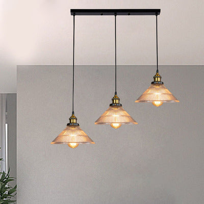 Industrial Brass Cone Pendant Light With Ribbed Glass - Perfect For Dining Rooms 3 Lights And