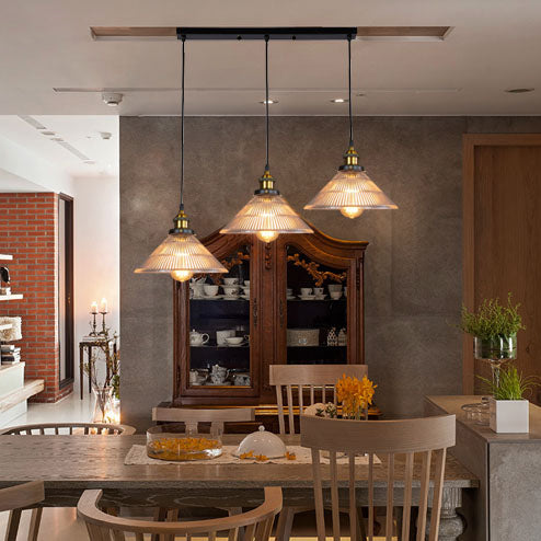 Industrial Brass Cone Pendant Light With Ribbed Glass - Perfect For Dining Rooms 3 Lights And