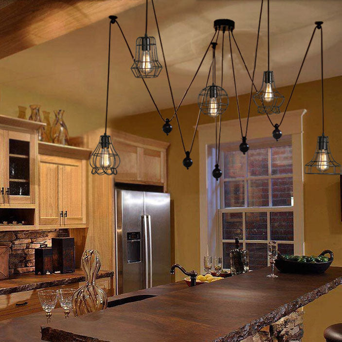 Vintage Swag Design Living Room Hanging Fixture With Globe/Cone Cage Shade - 5 Head Black Suspended