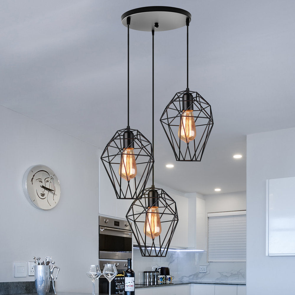 Geometric Vintage Ceiling Pendant Lamp - Metallic Black Suspended Light With 3 Bulbs Cage Shade