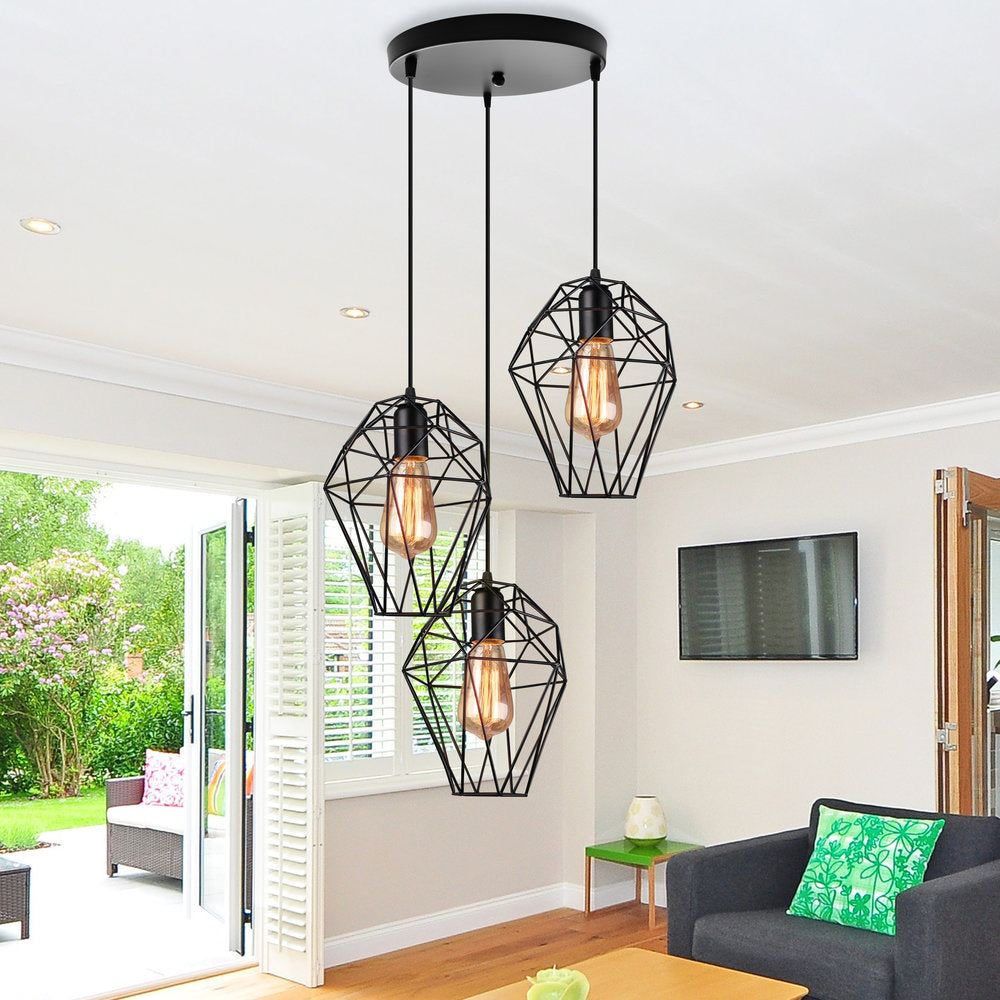 Geometric Vintage Ceiling Pendant Lamp - Metallic Black Suspended Light With 3 Bulbs Cage Shade