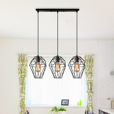Vintage Geometric Pendant Lamp With Metallic Black Cage Shade And 3-Bulb Suspension For Ceiling