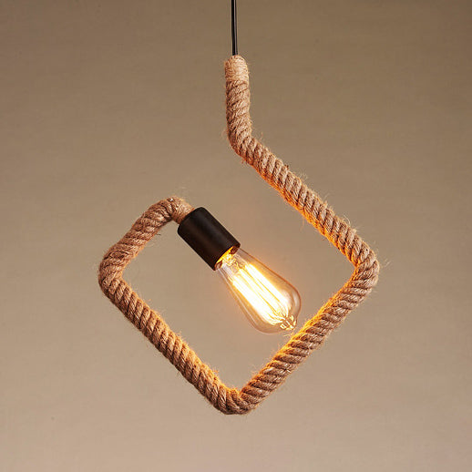 Vintage Black Finish Hemp Rope Suspension Lamp With Unique Triangle/Round Frame Design - 1 Light