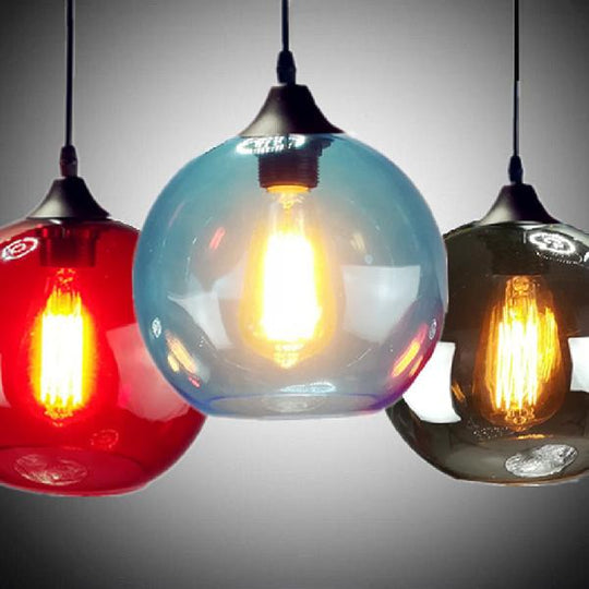 Industrial Pendant Light With Globe Glass Shade In Red Blue Or Grey - 8’/10’ Wide Black