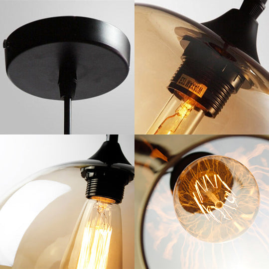 Industrial Pendant Light With Globe Glass Shade In Red Blue Or Grey - 8’/10’ Wide Black