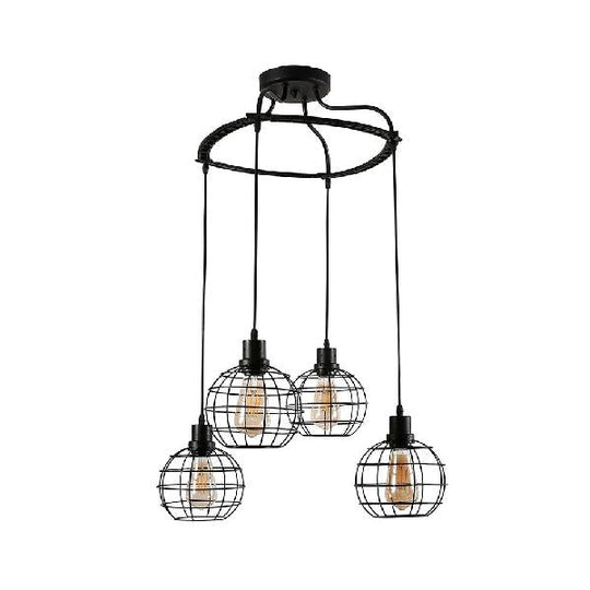 Vintage Black Wire Cage Ceiling Light With Globe Shade 3/4/5 Head Options