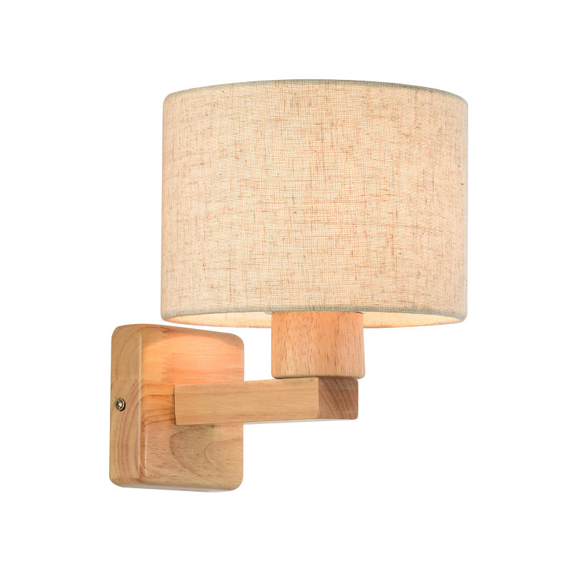 Asian Inspired Drum Wall Lamp With Wood Arm And Fabric Shade 1-Light Fixture For Bedroom