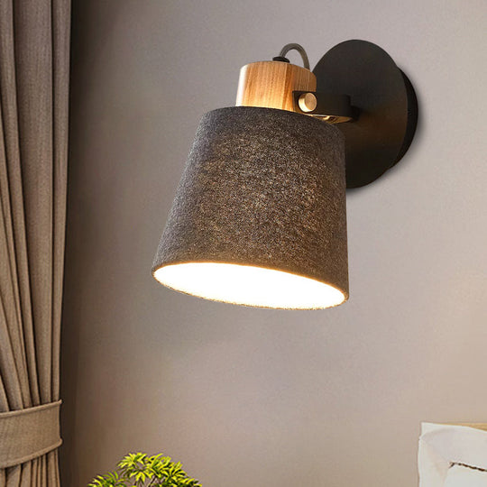 Modern Black Wood Wall Lamp With Barrel Fabric Shade - Mounted