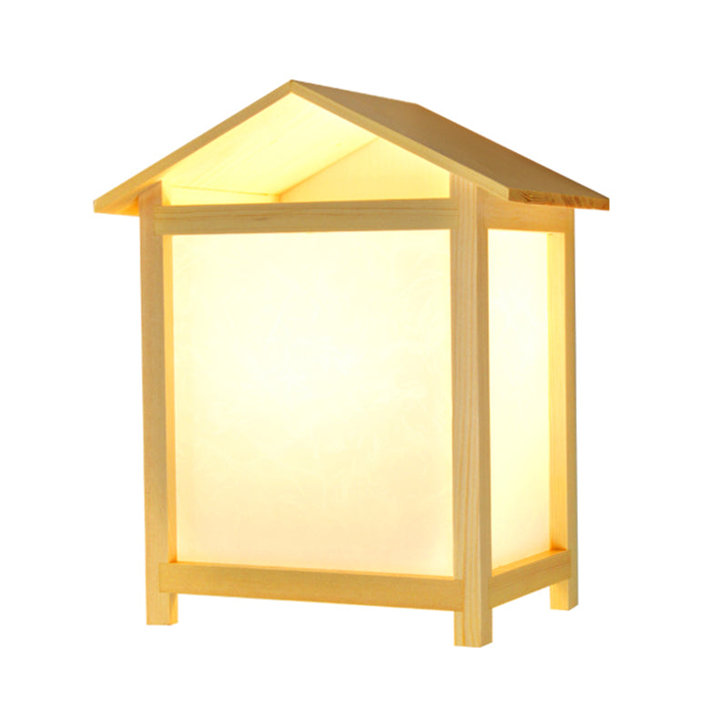 Japanese-Style Sconce Lamp With Parchment Shade - Wood House Shape Wall Light