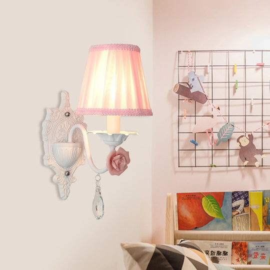 Pleated Fabric Wall Sconce: Pastoral Pink/Blue Bedside Light With Rose Decor 1 / Pink