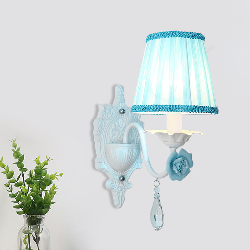 Pleated Fabric Wall Sconce: Pastoral Pink/Blue Bedside Light With Rose Decor 1 / Blue