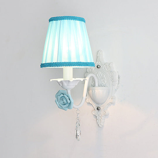 Pleated Fabric Wall Sconce: Pastoral Pink/Blue Bedside Light With Rose Decor