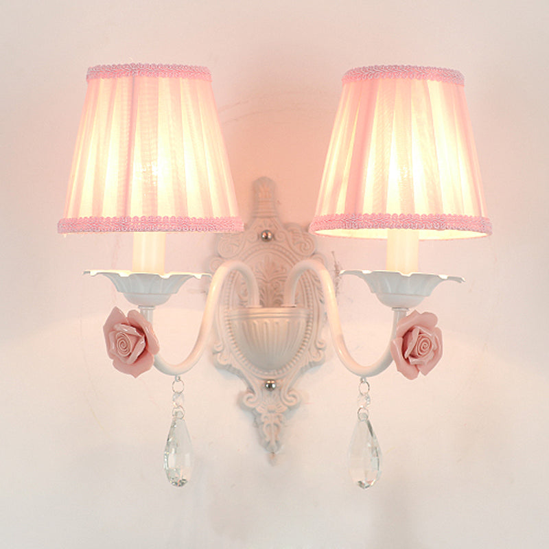 Pleated Fabric Wall Sconce: Pastoral Pink/Blue Bedside Light With Rose Decor
