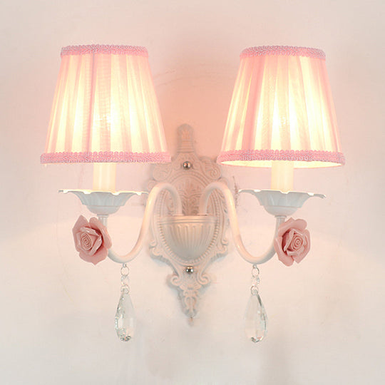 Pleated Fabric Wall Sconce: Pastoral Pink/Blue Bedside Light With Rose Decor