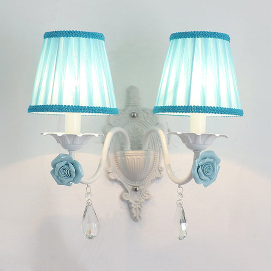 Pleated Fabric Wall Sconce: Pastoral Pink/Blue Bedside Light With Rose Decor