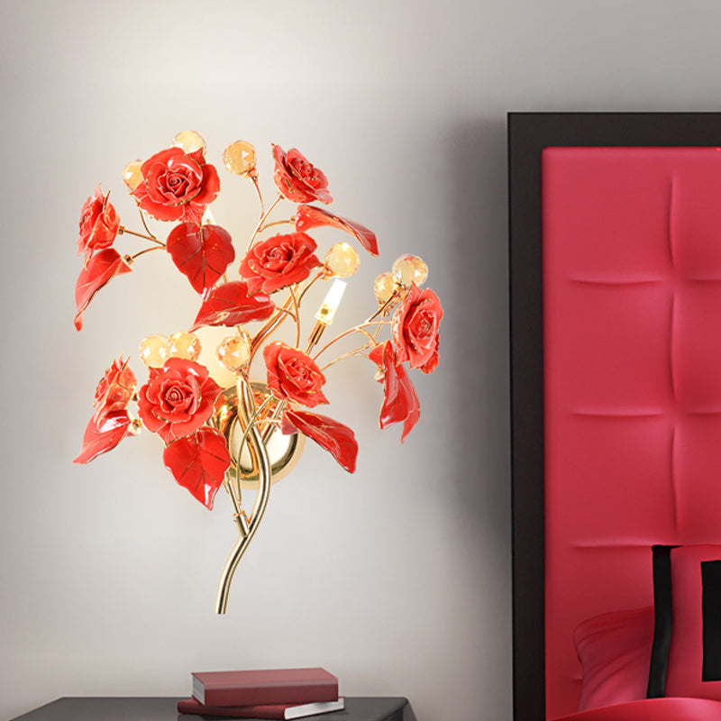 Pastoral Ceramic 3-Light Flower Wall Sconce For Bedroom - White/Red/Green