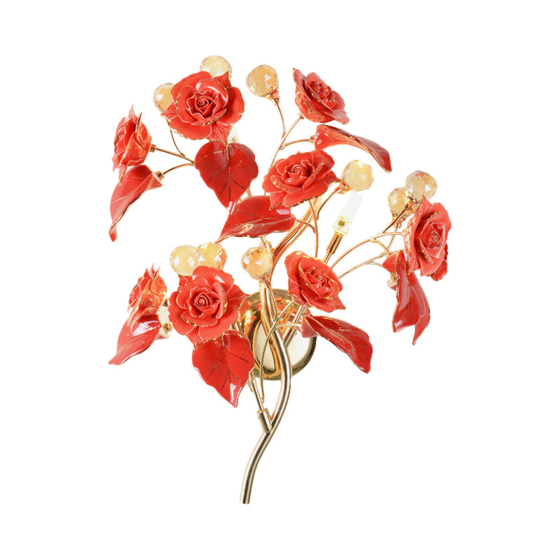 Pastoral Ceramic 3-Light Flower Wall Sconce For Bedroom - White/Red/Green