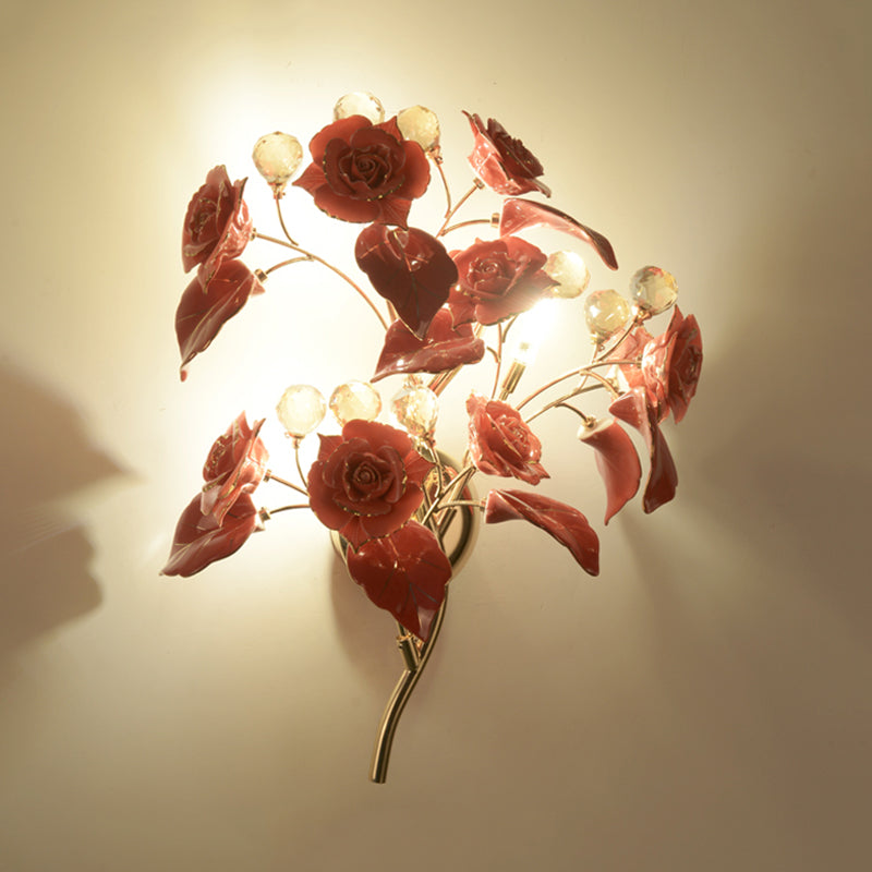 Pastoral Ceramic 3-Light Flower Wall Sconce For Bedroom - White/Red/Green