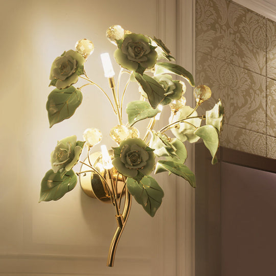 Pastoral Ceramic 3-Light Flower Wall Sconce For Bedroom - White/Red/Green Green