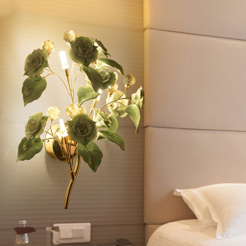 Pastoral Ceramic 3-Light Flower Wall Sconce For Bedroom - White/Red/Green